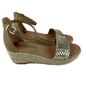 Marc Fisher Girls Woven Tan Gold Metallic Espadrille Heel Sandals Youth Size 2